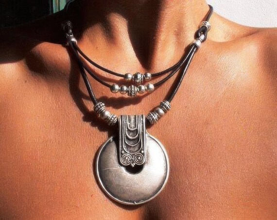 statement boho chic silver pendant necklace, bohemian boho chic jewelry, leather handmade jewelry designs by kekugi, gift ideas for her