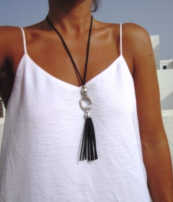 Boho tassel Leather Beaded Silver Pendant Necklaces • Long Statement Chunky Charm Necklace Bohemian Jewelry