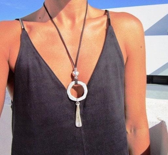 Sterling Silver Ring Necklace with Bohemian Style Long Eternity Design