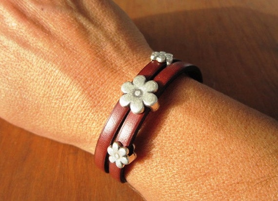 flower leather bracelet, silver flower bracelet, flower friendship bracelets, friendship bracelets, leather bracelet, friendship gifts