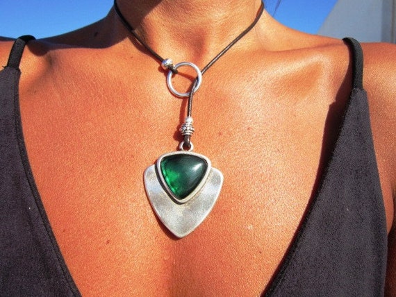 ring leather necklace, emerald lariat necklace, circle necklace, Y silver necklace, bohemian jewelry, hippy jewelry, silver necklace