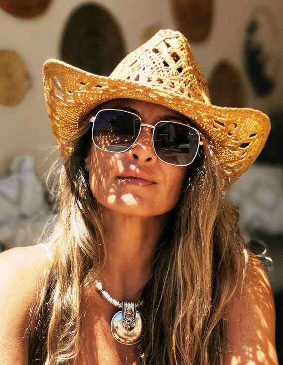 Cowboy straw Hat for Bride or bachelorette party, Coastal cowgirl hat, Handmade hats Bohemian festival Summer Accessory