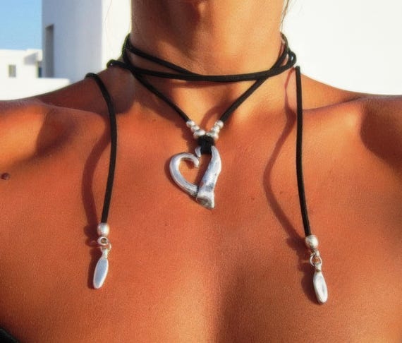 Handmade Leather Choker Heart Necklace • Unique Couples Necklace Personalized Jewelry Host Gift for Her