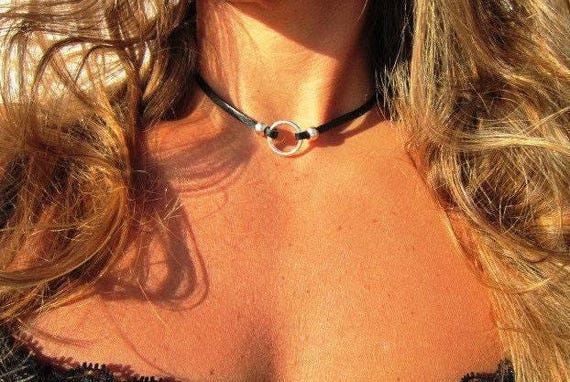 Discreet collar Leather Choker Necklace beaded with ring charm • Custom Personalized Jewelry gift by kekugi