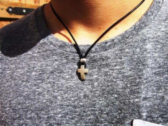 Mens cross Necklace Leather crucifix Pendant Couples Necklace – Handmade Jewelry Gift for Him Personalized Jewelry by Kekugi