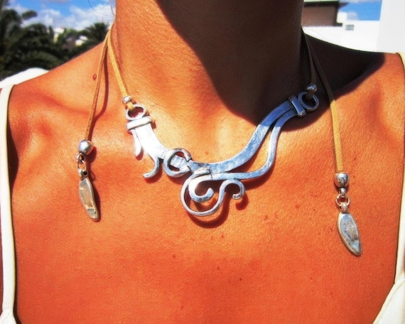 Statement Silver Chunky Pendant leather Necklace • Bohemian Neotribal Jewelry • Custom necklace Best Selling Items • Host Gift for Her