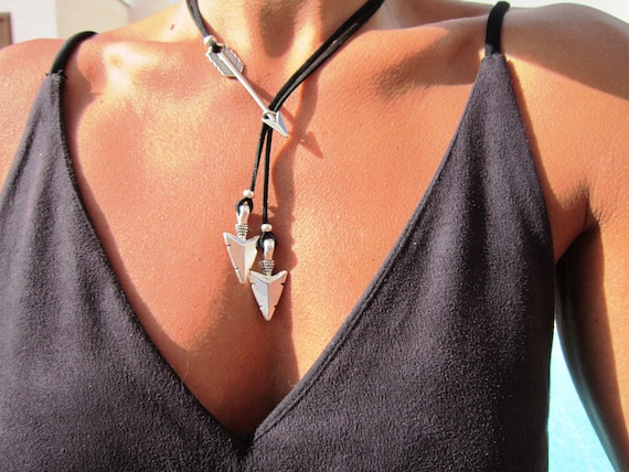 arrow silver necklace for women, lariat beaded necklace
