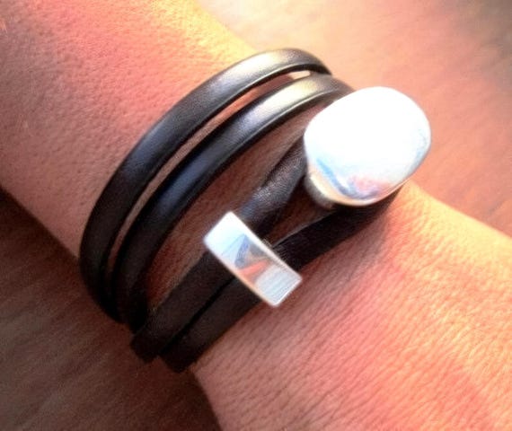 Bohemian Leather and Silver Beaded Bracelet Jewelry • Handmade Personalized Jewelry Gifts • Custom Bracelet Gift for Her by Kekugi