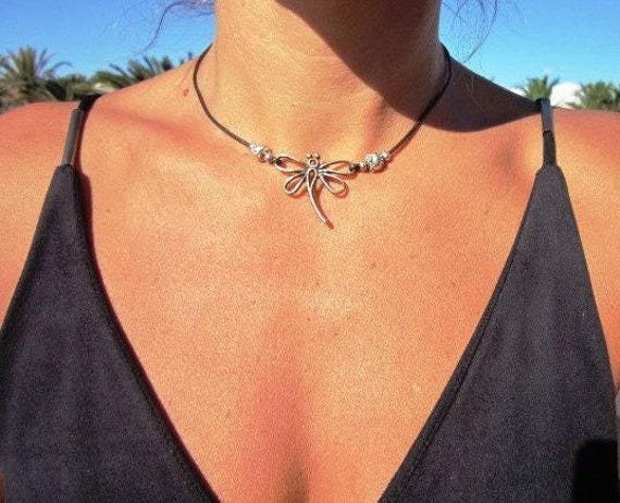 Statement Beaded Necklace with Silver Dragonfly Charm • Bohemian Handmade jewelry • Necklaces for Women • Personalized Jewelry Gift for Her