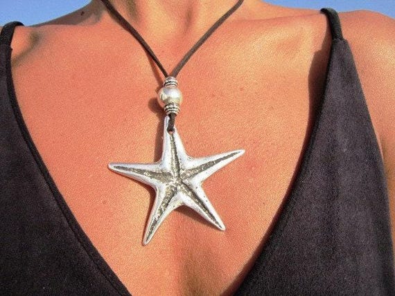 long pendant necklace, starfish pendant, starfish necklace, long necklace boho, long necklace silver, long statement necklace