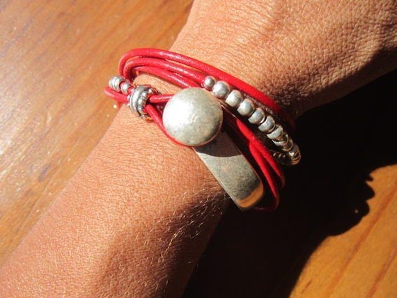 Bohemian Leather and Silver Beaded Bracelet Jewelry • Handmade Personalized Jewelry Gifts • Custom Bracelet Gift for Her by Kekugi