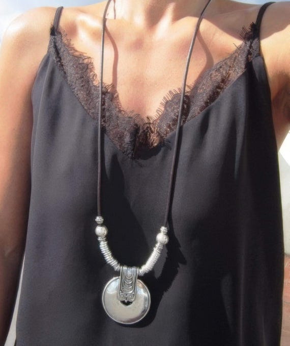 Neotribal Leather and Silver Beaded Pendant Necklace • Long Statement Chunky Charm Necklace Gift for Her • Bohemian Jewelry Gift for Host