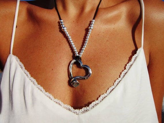 Heart pendant necklace, long necklace for women, silver bohemian necklace, boho jewelry, pendant, costume jewelry