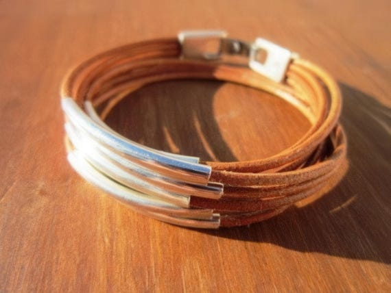 Bohemian Leather and Silver Beaded Bracelet Jewelry • Handmade Personalized Jewelry Gifts • Custom Bracelet Gift for Her by Kekugi