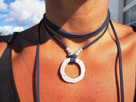 layered Charm Ring Necklace Silver Beaded in Navy blue • Personalized handmade Jewelry • Best selling items Custom