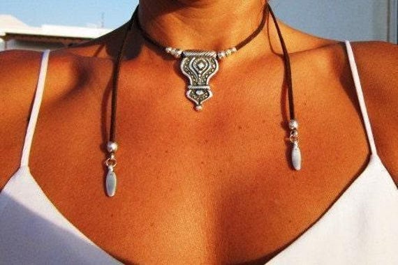 Boho Leather and Silver Beaded Pendant Necklace • Long Statement Chunky Charm Necklace Gift for Her • Bohemian Jewelry Galentine Gift