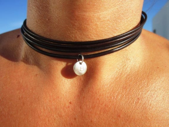 Silver Beaded Leather Choker Necklace beaded with initial charm  • Handmade personalized jewelry gift for her