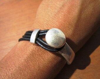 womens black leather bracelet, silver jewelry, simple bracelet, popular Bracelets