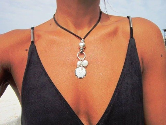 Boho Leather and Silver Beaded Pendant Necklace • Long Statement Chunky Charm Necklace Gift for Her • Bohemian Jewelry by Kekugi