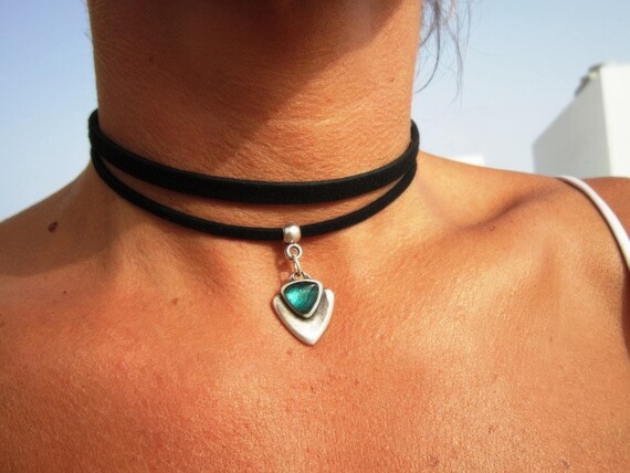 Bohemian Leather Choker Necklace beaded with green charm • silver necklaces for women