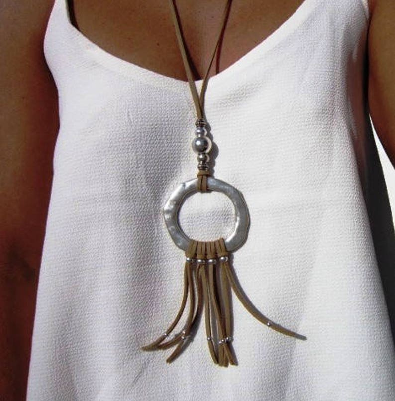 collier de gland en cuir, collier de gland perlé, long collier de gland, collier de gland dargent, collier de gland de bijoux boho image 2