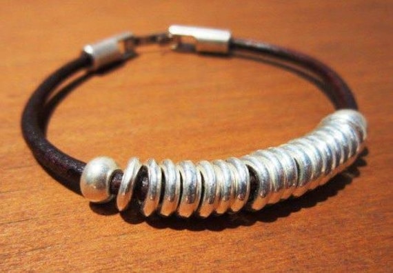 Leather & Silver Charm Beaded Bracelet • Handmade Jewelry Gift for Her • Custom Bracelet Gift • Personalized Jewelry Gifts by Kekugi