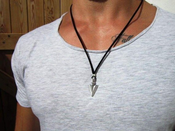 Mens silver Arrowhead Necklace Leather Pendant Necklace – Handmade Jewelry Gift for Him Personalized Jewelry by Kekug