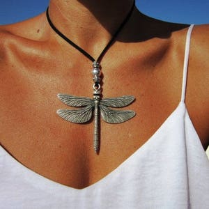 Dragonfly necklace, leather necklaces for women, long pendant necklace, silver necklace, leather cord necklace, long necklace