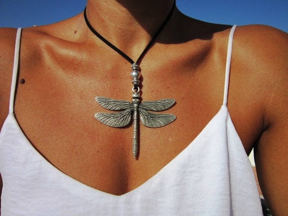 Dragonfly necklace, leather necklaces for women, long pendant necklace, silver necklace, leather cord necklace, long necklace