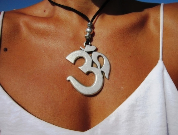 Silver Everyday Pendant Beaded Om Hamsa Necklace • Long Boho Layered Chunky Necklace