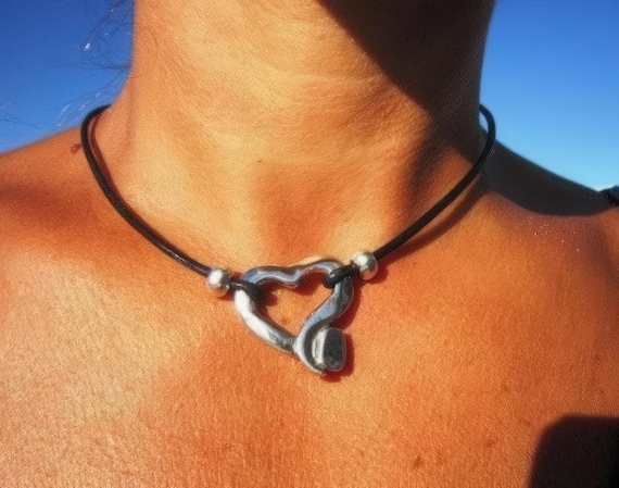 Silver Heart Pendant Necklace • Beaded Leather Choker, Bohemian Jewelry