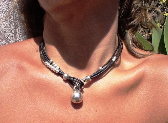 Leather Silver Beaded Necklace with Charm • Bohemian Handmade jewelry • Necklaces for Women • Personalized Jewelry Gift for Her by kekugi