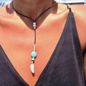 Turquoise Leather Choker Necklace • Silver Necklaces for Women • Bohemian Handmade Turquoise Jewelry • Best selling items by kekugi