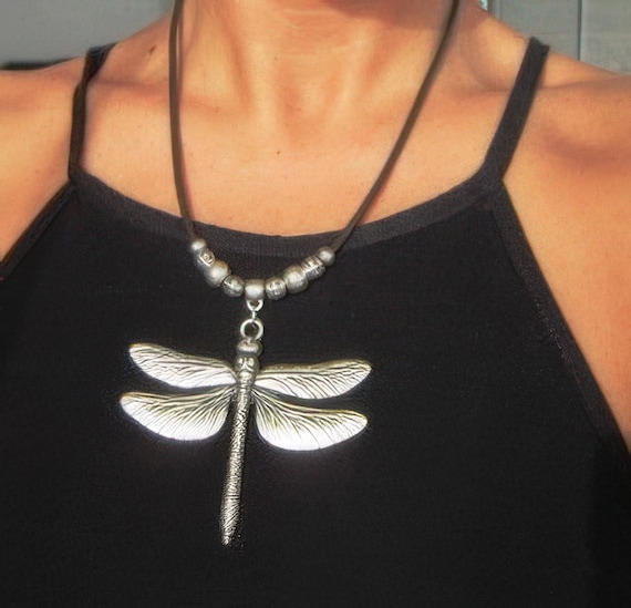 Statement Pendant Charm Dragonfly Necklace • Silver Beaded Necklaces for Women • Handmade Personalized Jewelry Best selling items Gifts