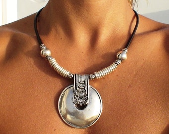 Tribal jewelry, women fashion tribal necklaces,  leather womens necklaces, silver necklaces