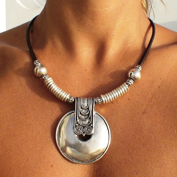 Tribal jewelry, women fashion tribal necklaces,  leather womens necklaces, silver necklaces