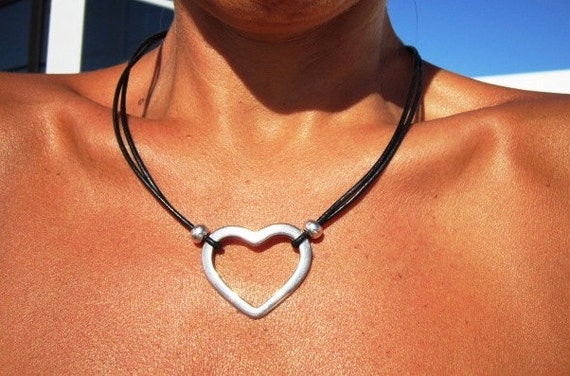 heart leather necklace, silver heart pendant necklace, silver fashion jewelry