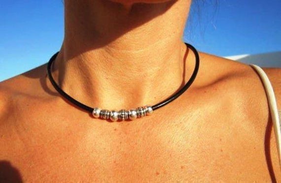 Cute and Simple Leather Choker necklace • Unique Couples Silver Necklace Customized Jewelry • Personalized Gifts Anniversary Gift for Her