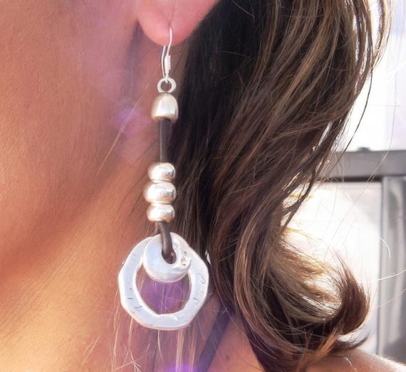 handmade silver leather earrings for women, drop earrings,  sterling silver earrings