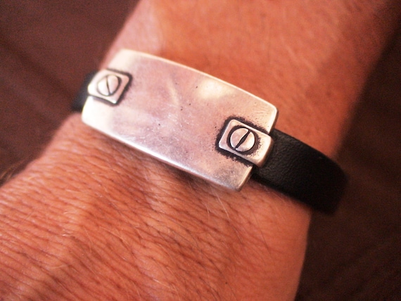 Silver and Leather mens bracelet, friendship couples bracelet, men cuff bracelet, handmade silver mens jewelry, unique gifts for men