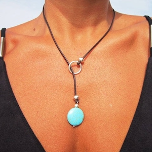 resin turquoise leather necklace, lariat necklace, y shapped necklace, turquoise jewelry, y silver necklace, bohemian jewelry image 5