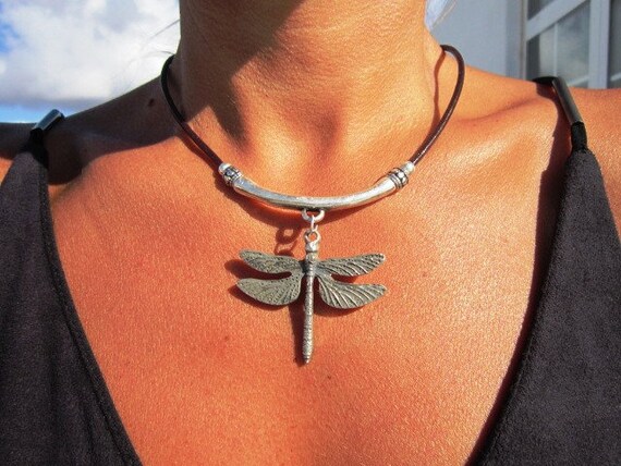 Dragonfly leather necklace, dragonfly necklace, silver dragonfly pendant, silver jewelry, fashion jewelry