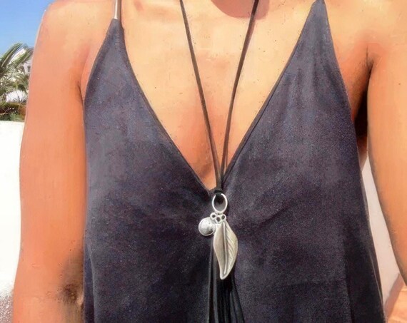 Statement Beaded Necklace with Silver Charm • Bohemian Handmade jewelry • Necklaces for Women • Personalized Jewelry Gift for Her by kekugi