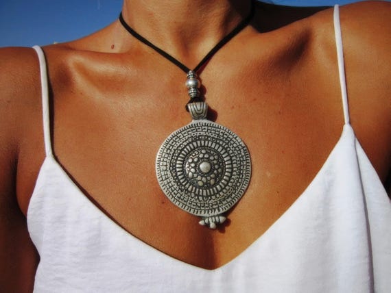Boho Leather and Silver Beaded Pendant couples Necklace • Long Statement Chunky Charm Necklace Gift for Her • Bohemian neotribal Jewelry