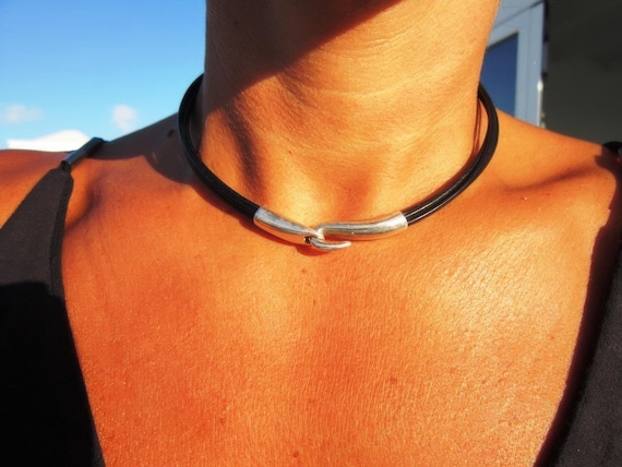 Cute and Simple Leather Choker necklace • Unique Customized  Couples Silver Necklace • Personalized gifts Anniversary Gift for Her