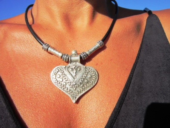 Silver Heart Pendant Necklace for couple • Bohemian Leather Beaded Jewelry