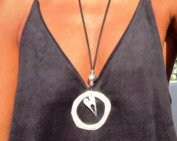 Boho Leather and Silver Beaded Pendant Heart Necklace • Couples Long Statement Chunky Charm Necklace Host Gift for Her • Bohemian Jewelry