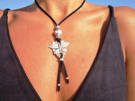Statement Silver Chunky Pendant leather Butterfly Necklace • Bohemian Jewelry • Custom necklace Best Selling Items • Host Gift for Her