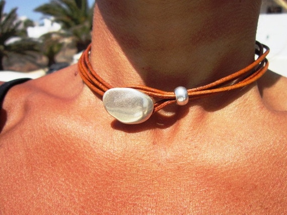 bohemian choker necklace, statement leather choker, silver beaded jewelry