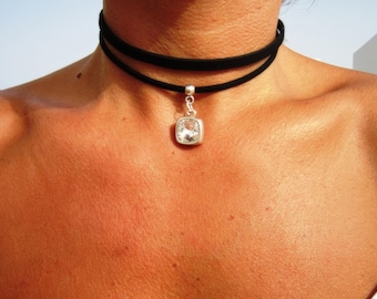 Bohemian Leather Choker Necklace silver beaded with swarovski Chrystal charm • Handmade personalized jewelry
